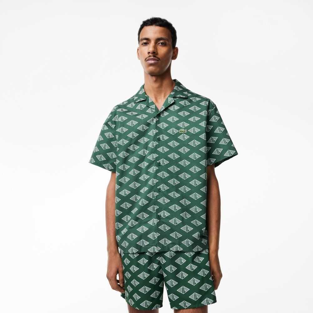 Lacoste Short Sleeve Monogram Print Shirt Green / White | GBI-108647