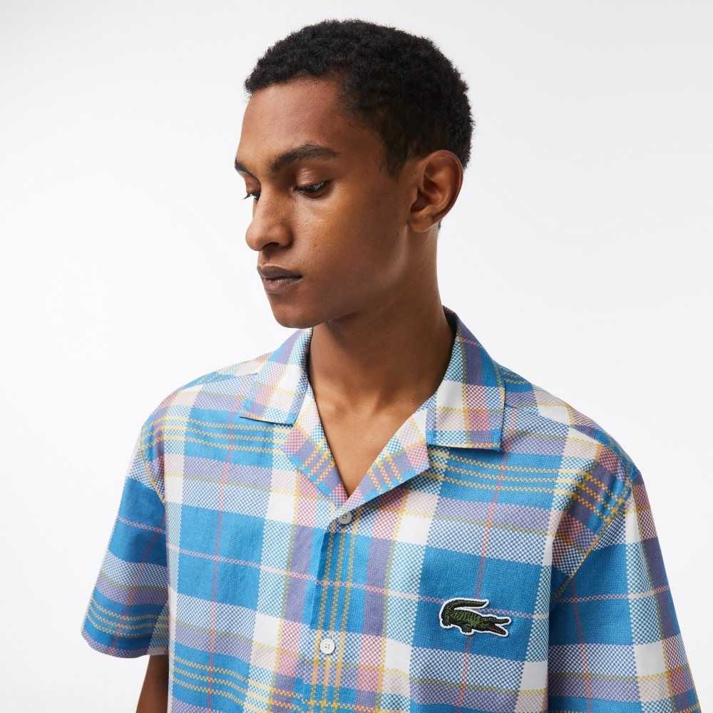 Lacoste Short Sleeve Organic Cotton Check Shirt Blue / White | UMX-072569