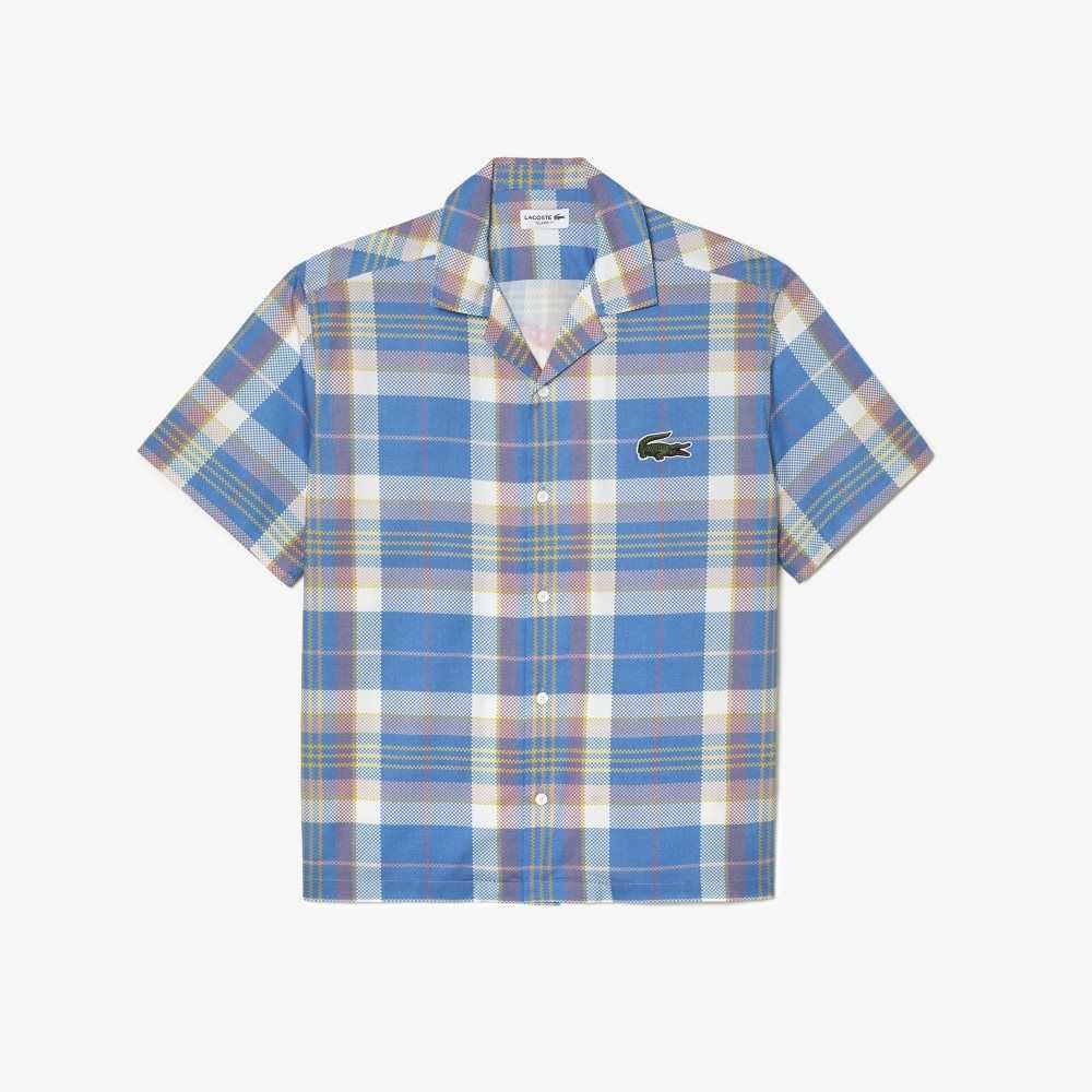 Lacoste Short Sleeve Organic Cotton Check Shirt Blue / White | UMX-072569