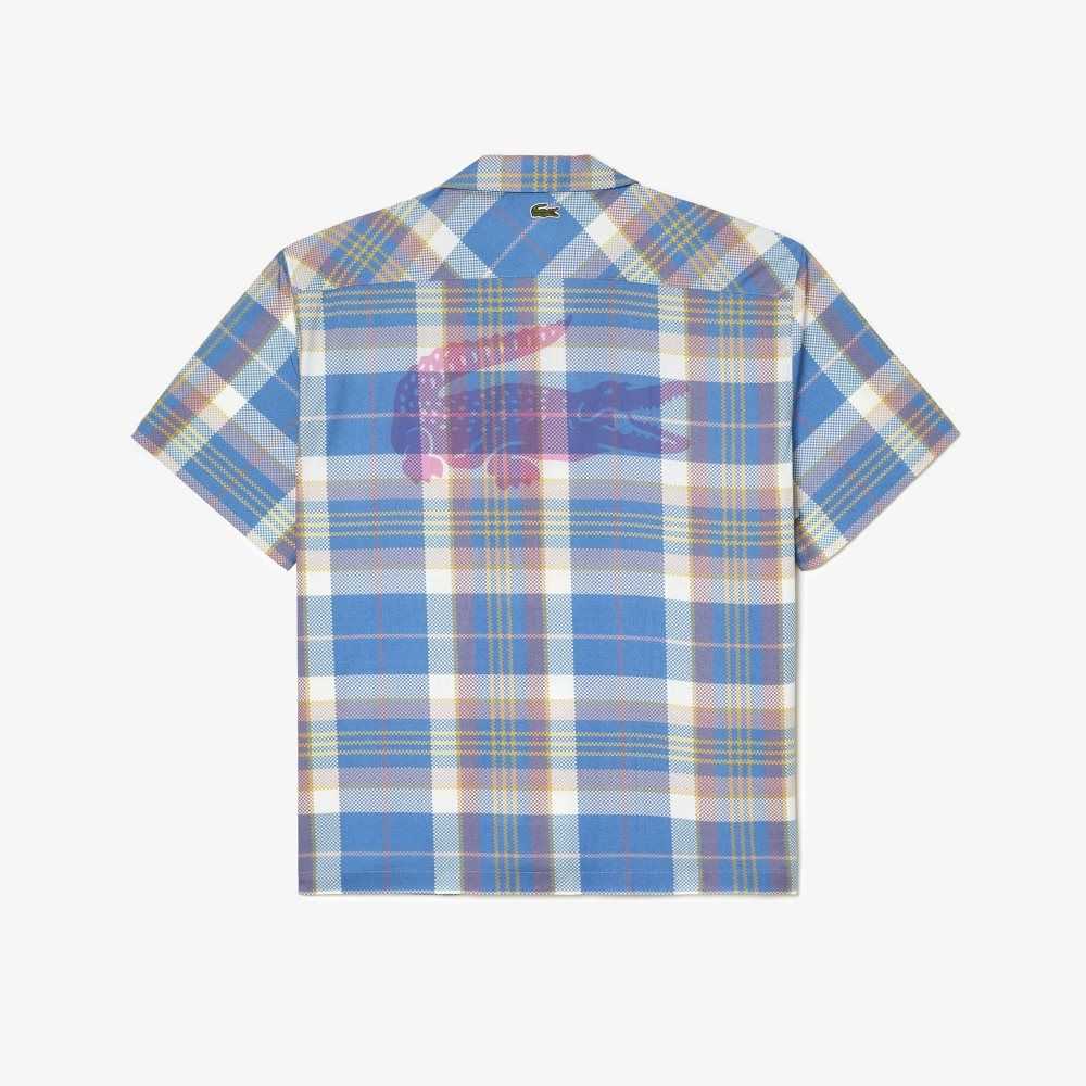 Lacoste Short Sleeve Organic Cotton Check Shirt Blue / White | UMX-072569