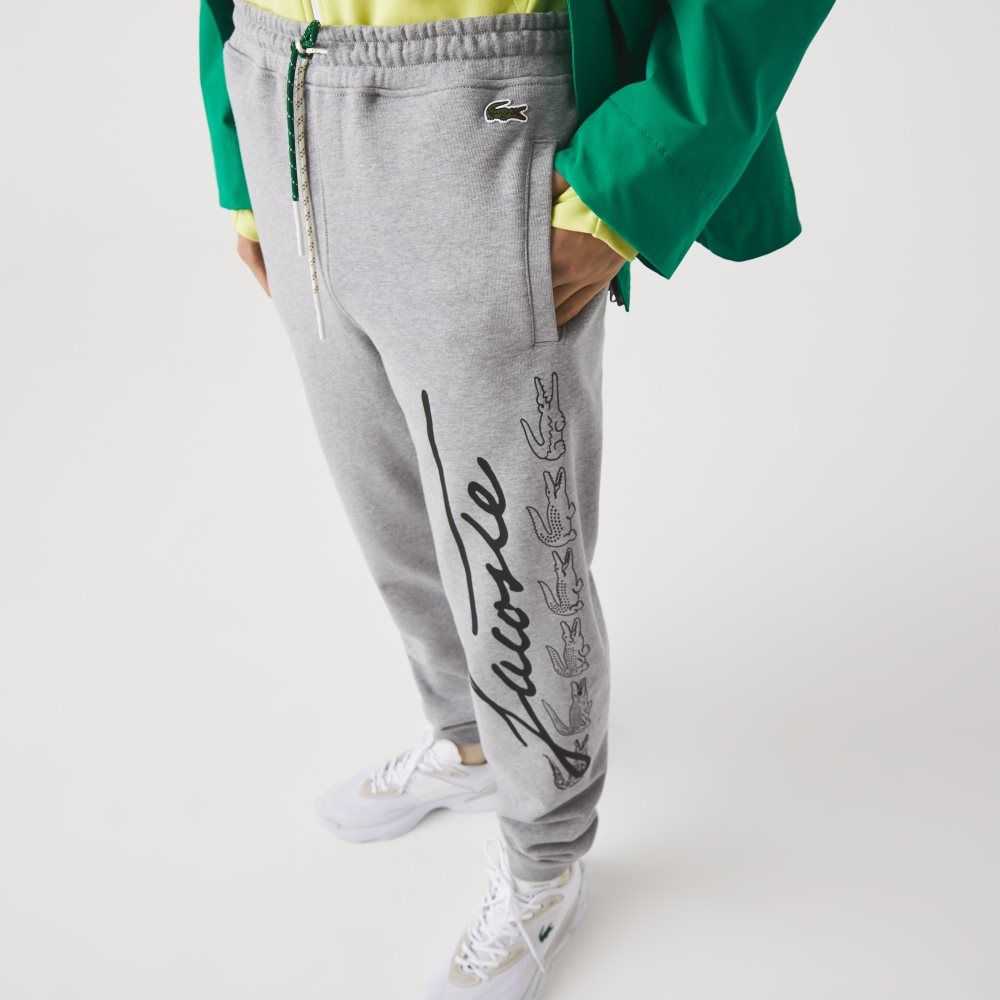 Lacoste Signature And Crocodile Print Cotton Fleece Jogging Pants Grey Chine | MCN-528631