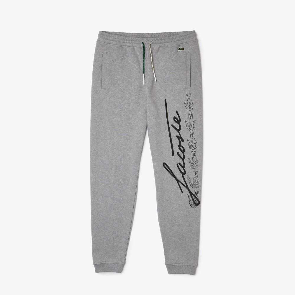 Lacoste Signature And Crocodile Print Cotton Fleece Jogging Pants Grey Chine | MCN-528631