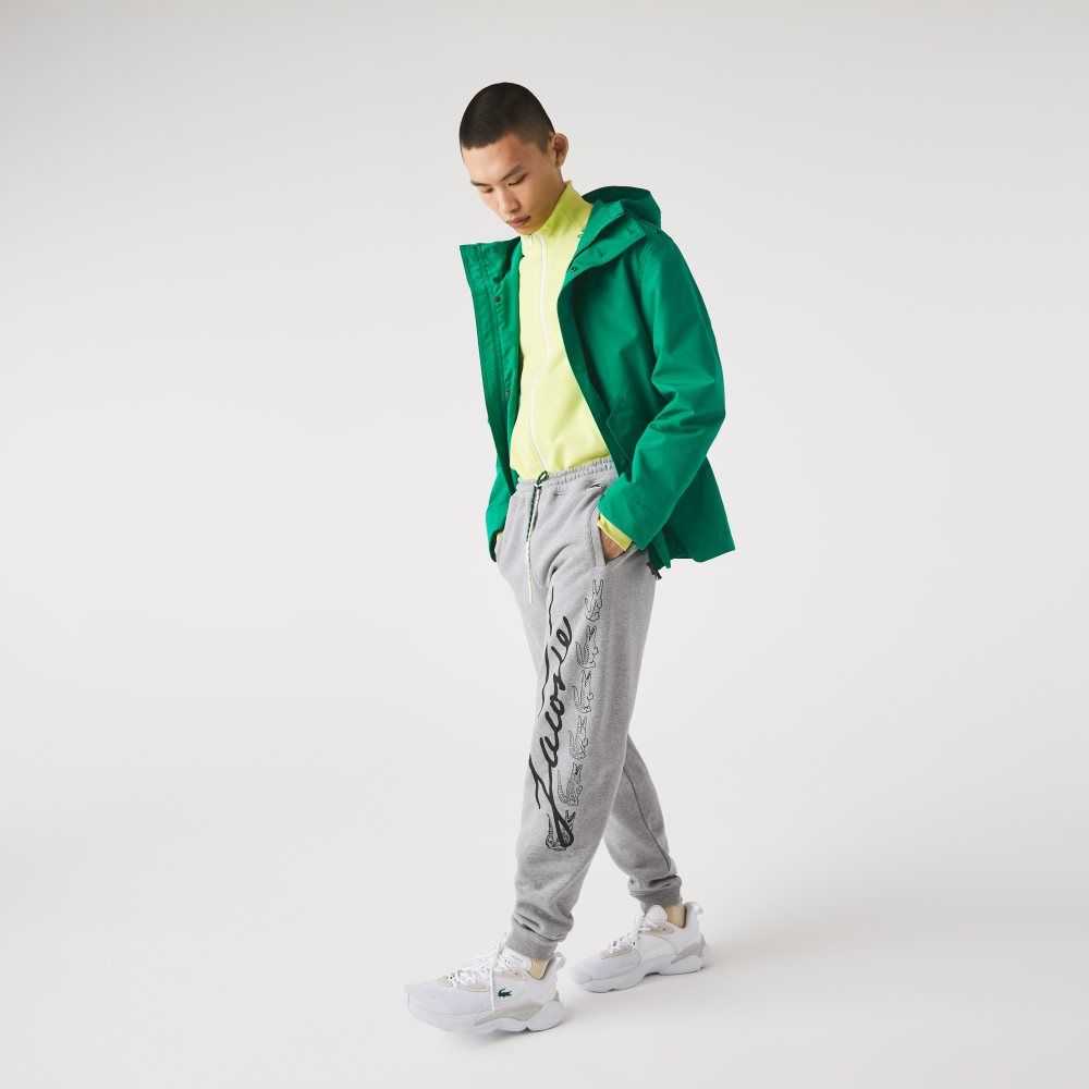 Lacoste Signature And Crocodile Print Cotton Fleece Jogging Pants Grey Chine | MCN-528631