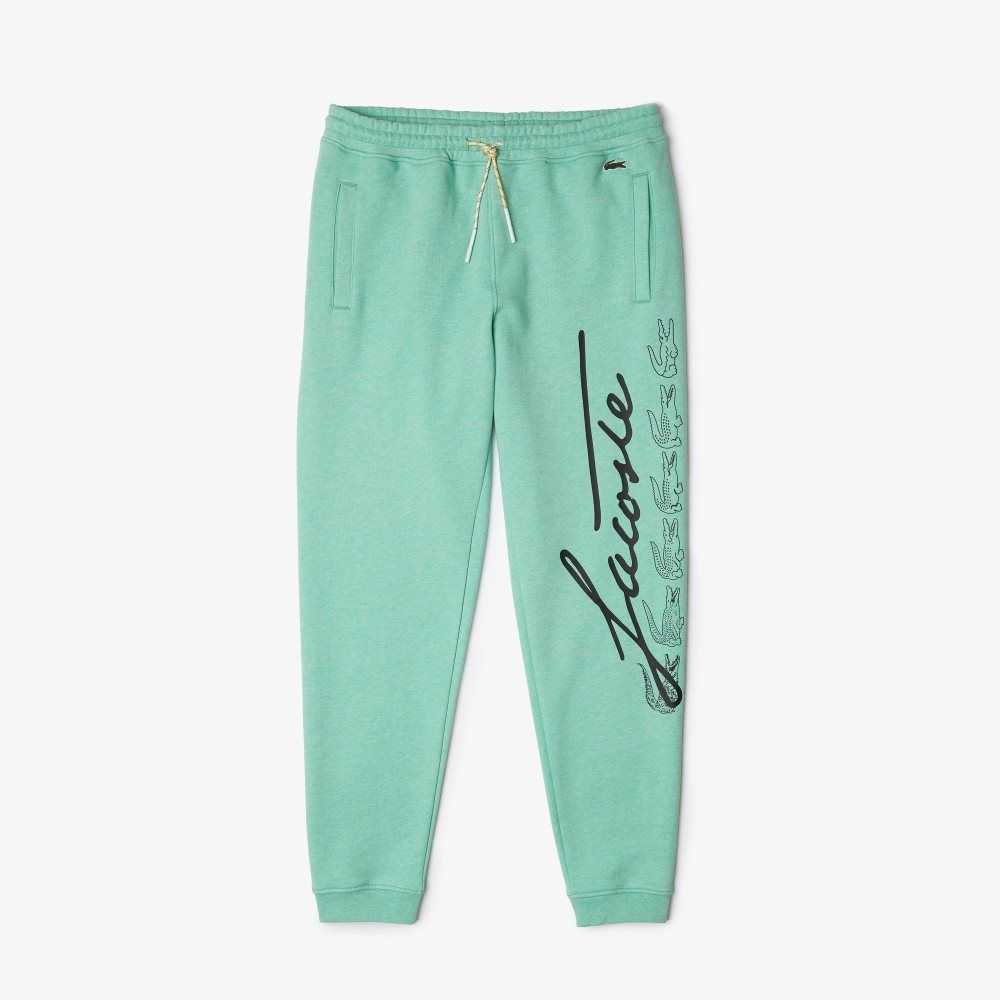 Lacoste Signature And Crocodile Print Cotton Fleece Jogging Pants Green | NQP-286154