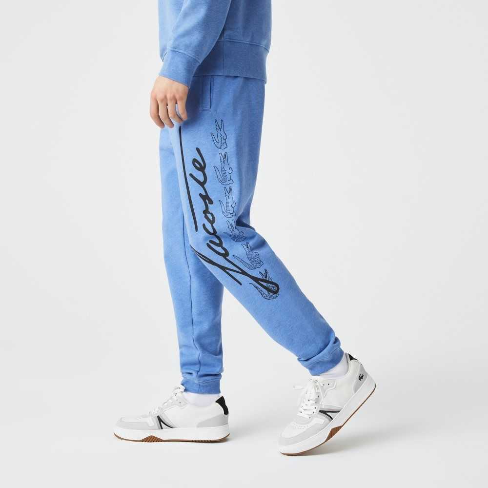 Lacoste Signature And Crocodile Print Cotton Fleece Jogging Pants Blue Chine | ZUY-625978