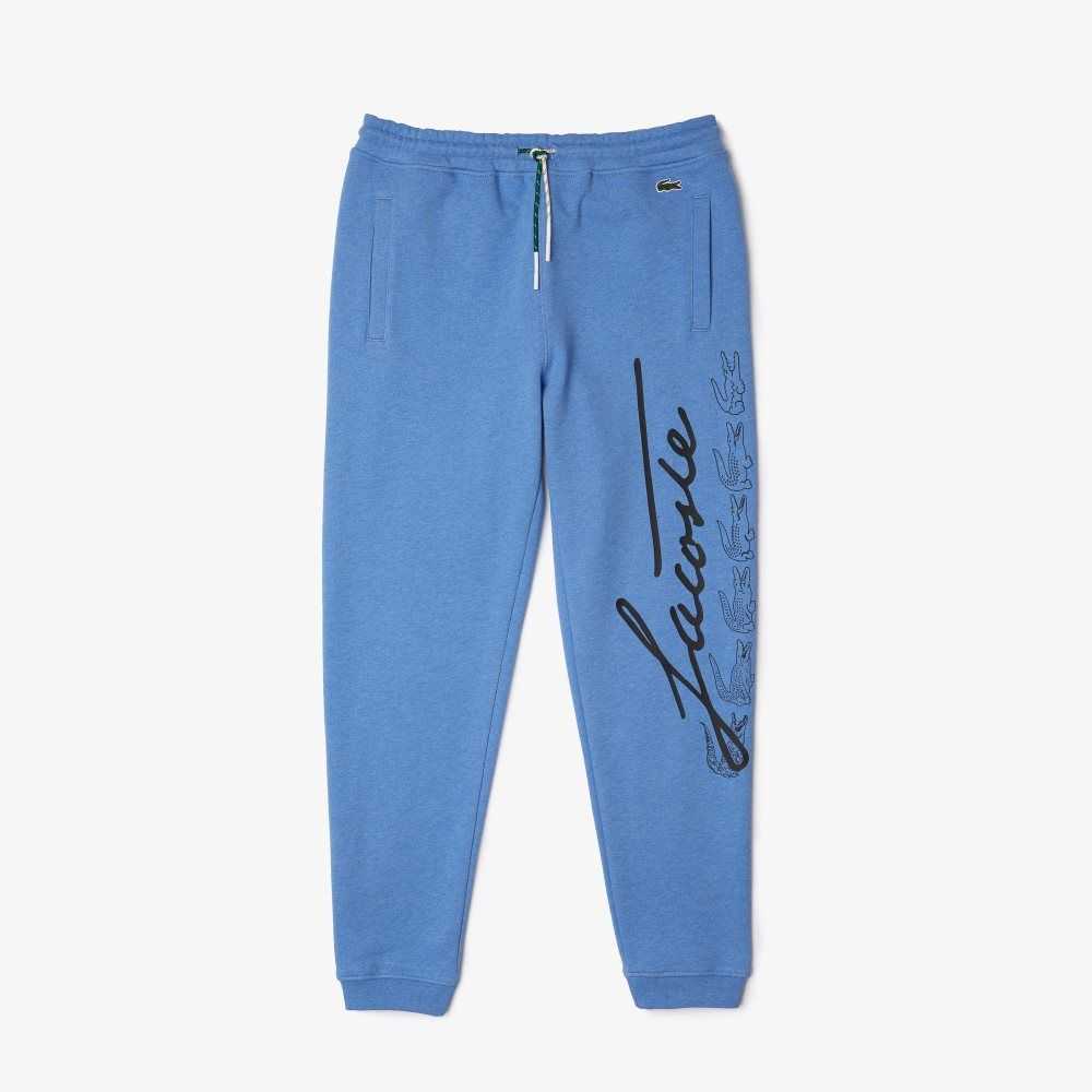 Lacoste Signature And Crocodile Print Cotton Fleece Jogging Pants Blue Chine | ZUY-625978