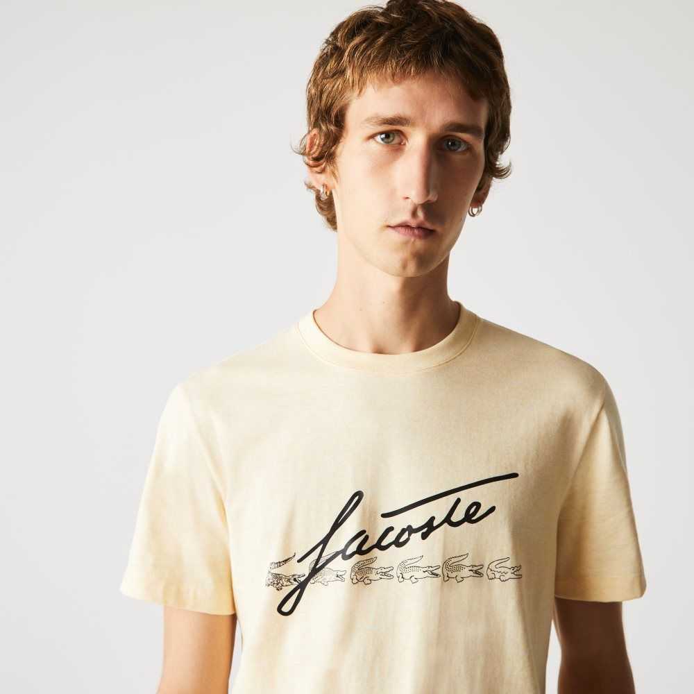 Lacoste Signature And Crocodile Print Crew Neck Cotton T-Shirt Yellow | EJX-361025