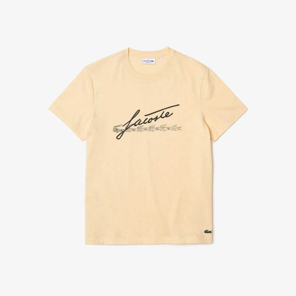 Lacoste Signature And Crocodile Print Crew Neck Cotton T-Shirt Yellow | EJX-361025