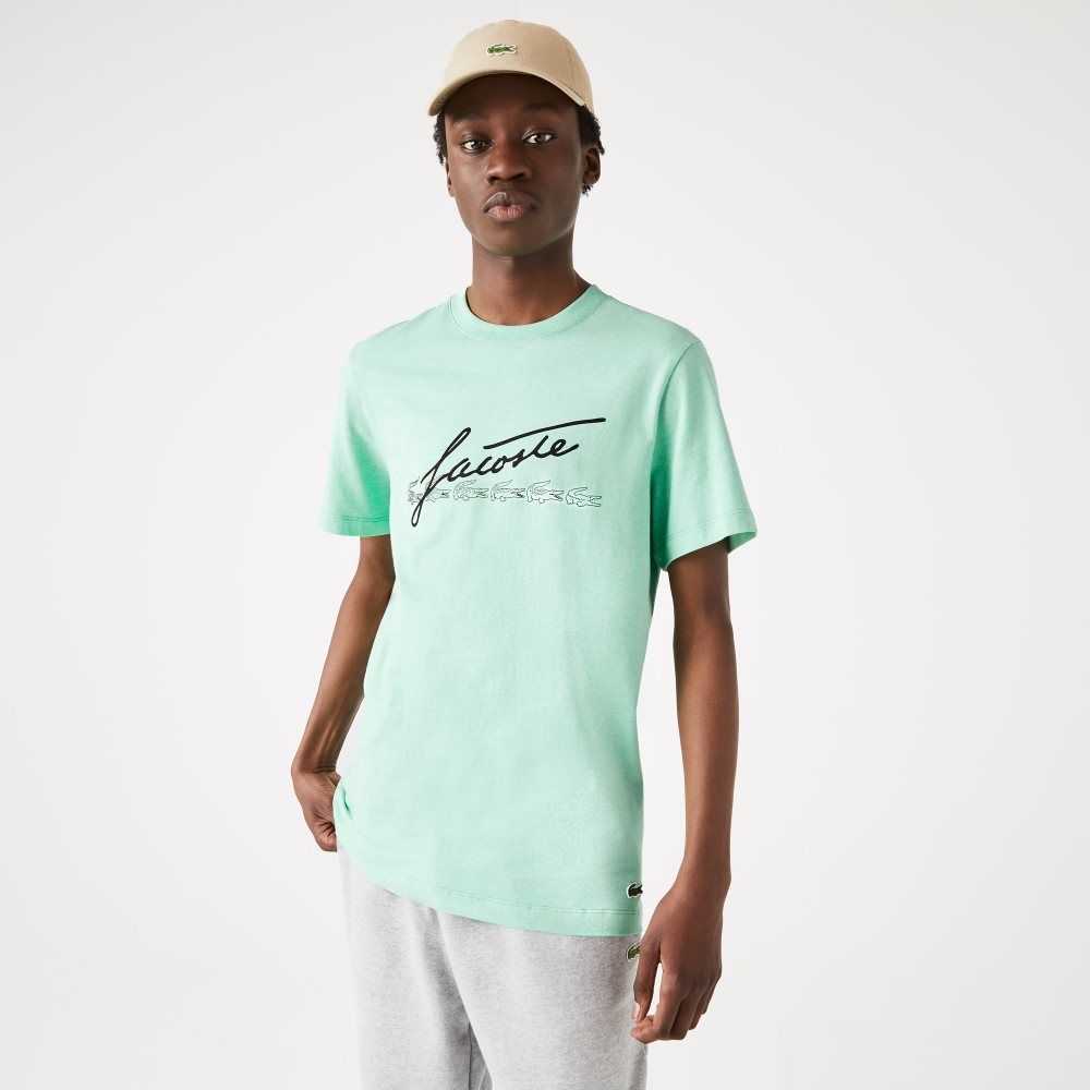 Lacoste Signature And Crocodile Print Crew Neck Cotton T-Shirt Green | MNF-651348