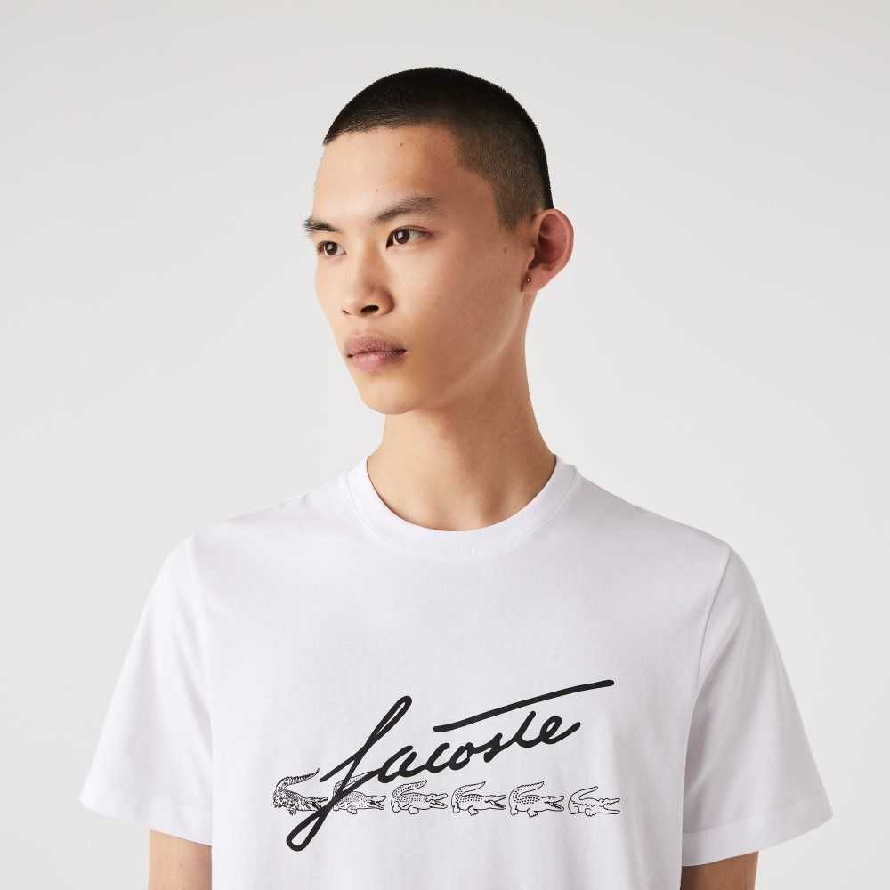 Lacoste Signature And Crocodile Print Crew Neck Cotton T-Shirt White | RHP-182064