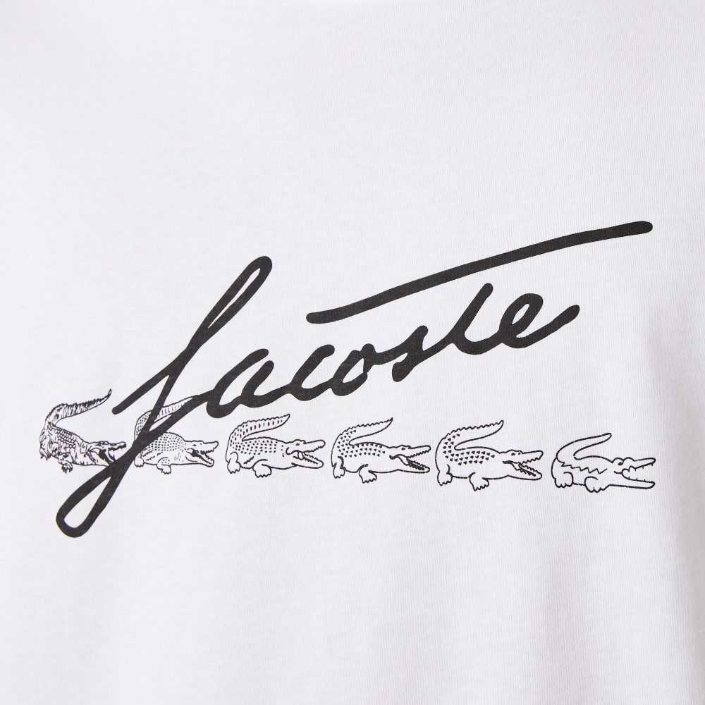 Lacoste Signature And Crocodile Print Crew Neck Cotton T-Shirt White | RHP-182064