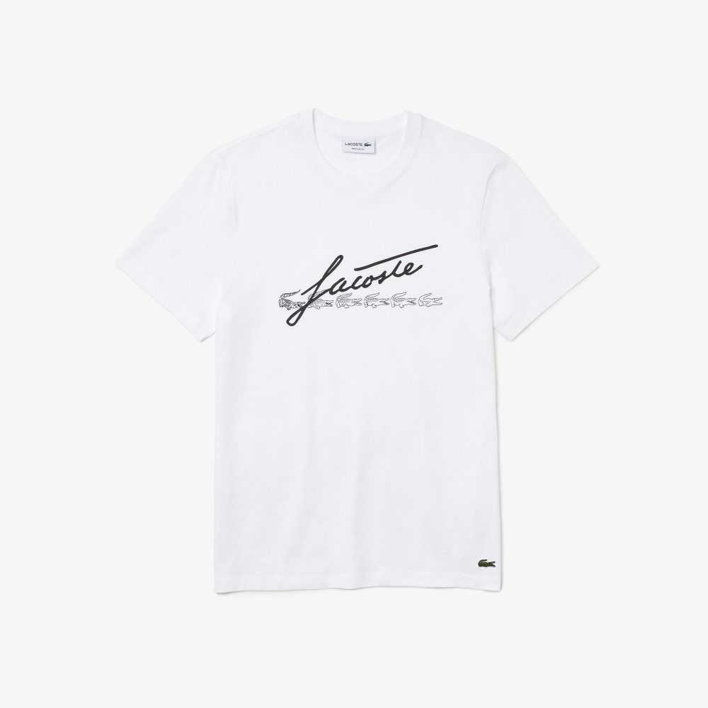 Lacoste Signature And Crocodile Print Crew Neck Cotton T-Shirt White | RHP-182064