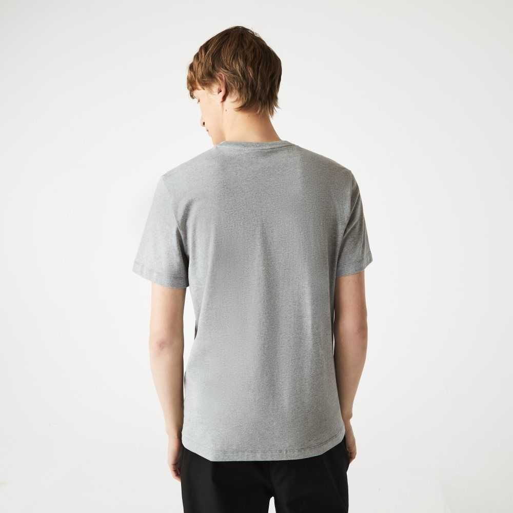 Lacoste Signature And Crocodile Print Crew Neck Cotton T-Shirt Grey Chine | UQR-825601