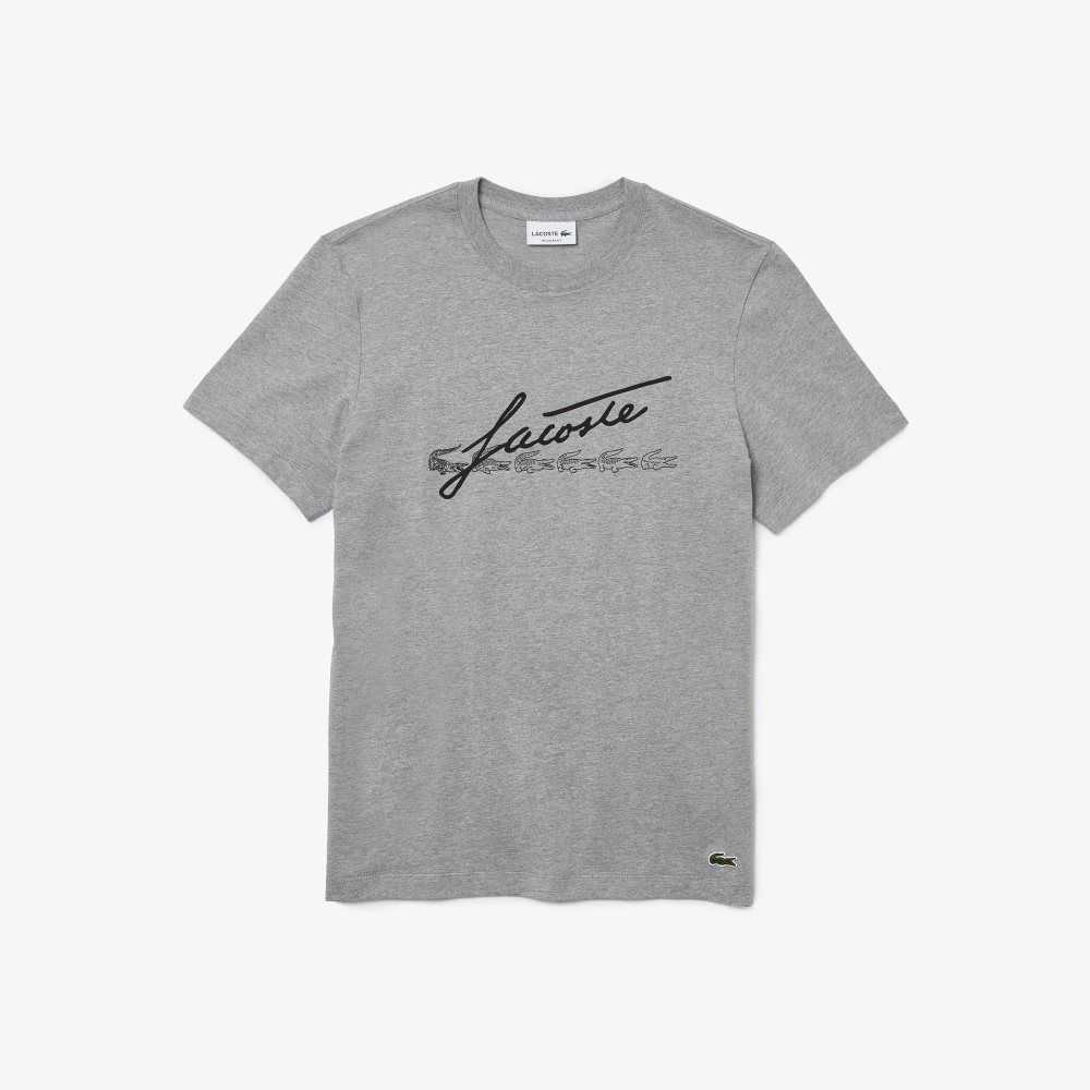 Lacoste Signature And Crocodile Print Crew Neck Cotton T-Shirt Grey Chine | UQR-825601