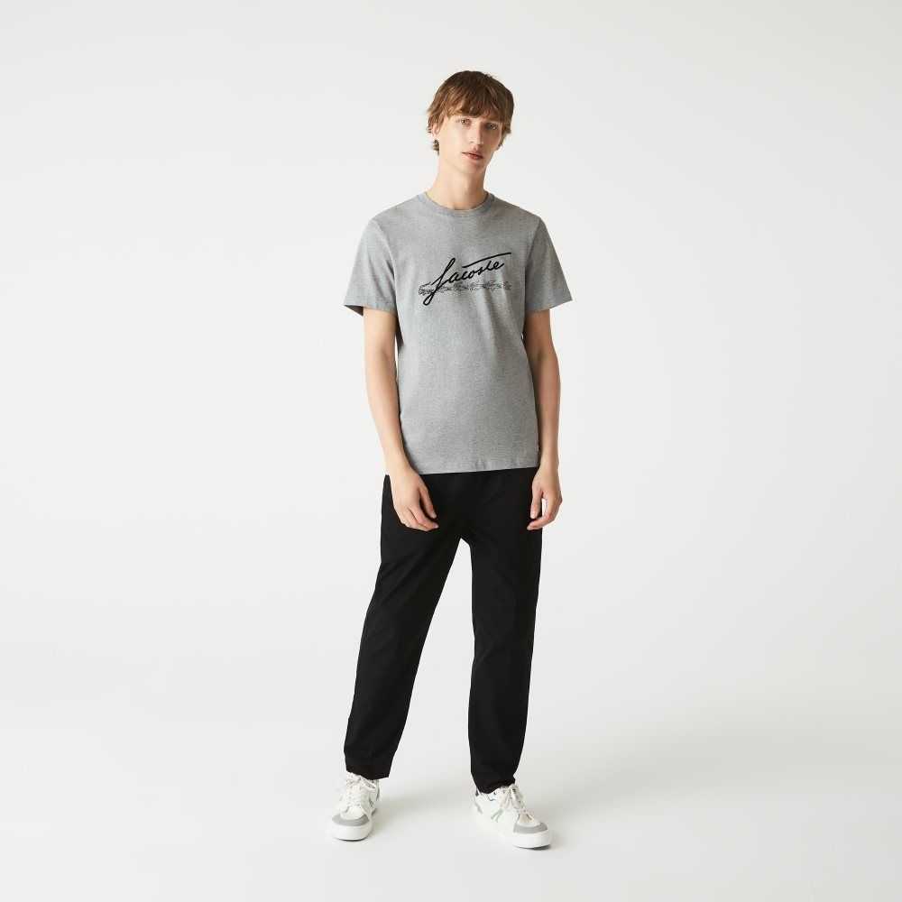 Lacoste Signature And Crocodile Print Crew Neck Cotton T-Shirt Grey Chine | UQR-825601