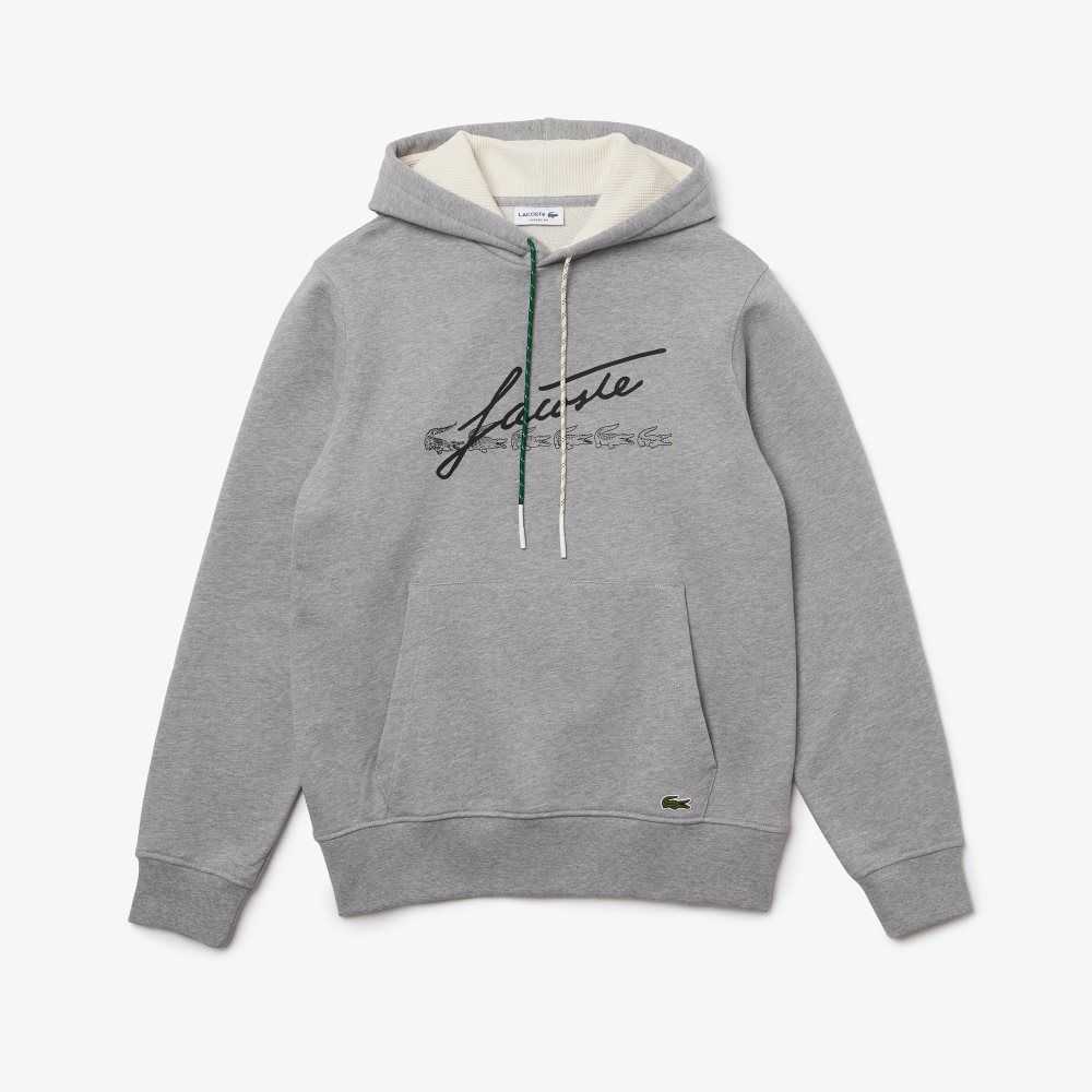 Lacoste Signature Flecked Cotton Fleece Hoodie Grey Chine | VHB-851702