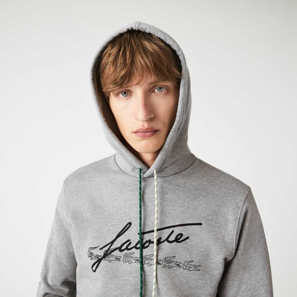 Lacoste Signature Flecked Cotton Fleece Hoodie Grey Chine | VHB-851702