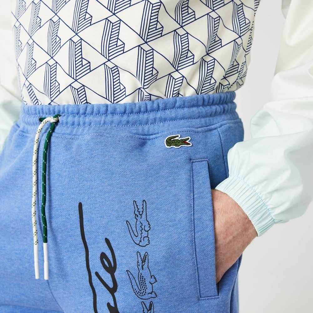 Lacoste Signature Print Cotton Fleece Shorts Blue Chine | GYZ-890715