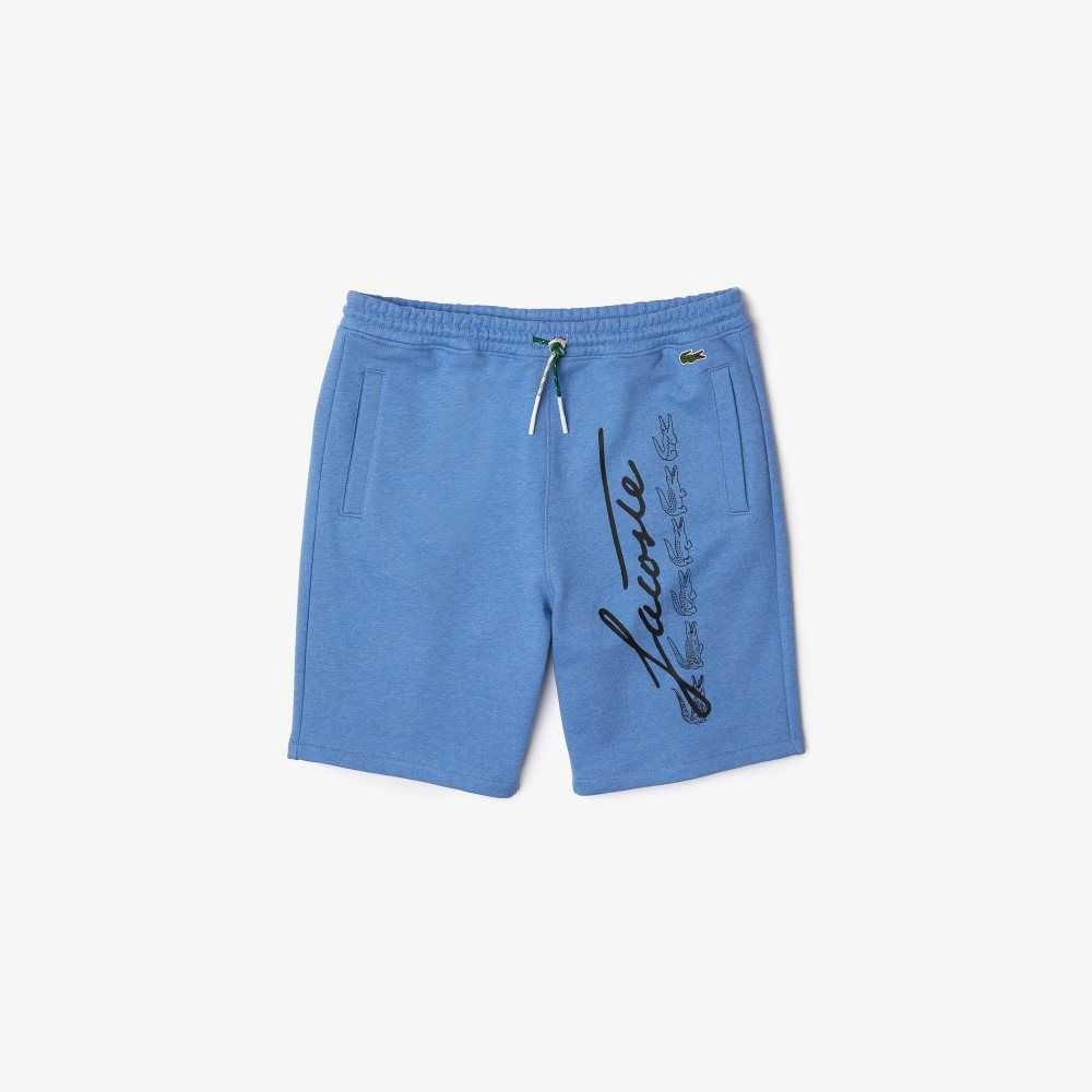 Lacoste Signature Print Cotton Fleece Shorts Blue Chine | GYZ-890715