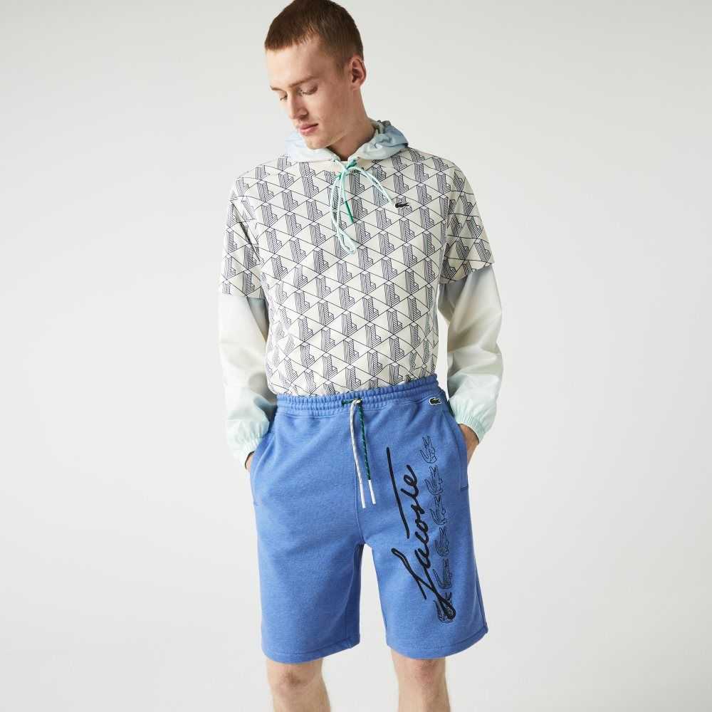 Lacoste Signature Print Cotton Fleece Shorts Blue Chine | GYZ-890715