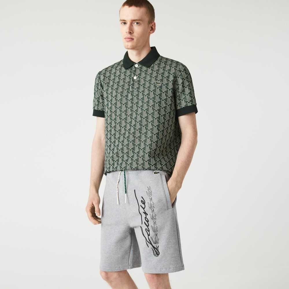 Lacoste Signature Print Cotton Fleece Shorts Grey Chine | KDL-478935