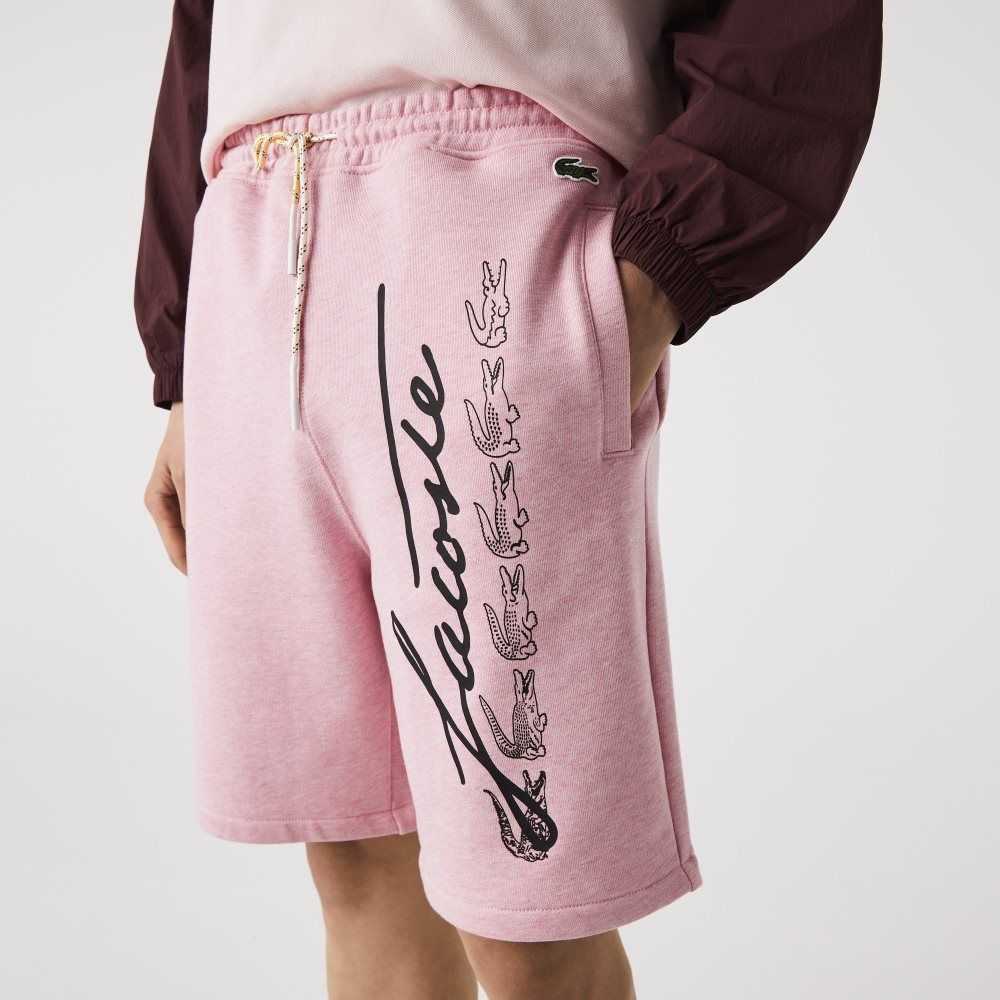 Lacoste Signature Print Cotton Fleece Shorts Pink | TDW-832416