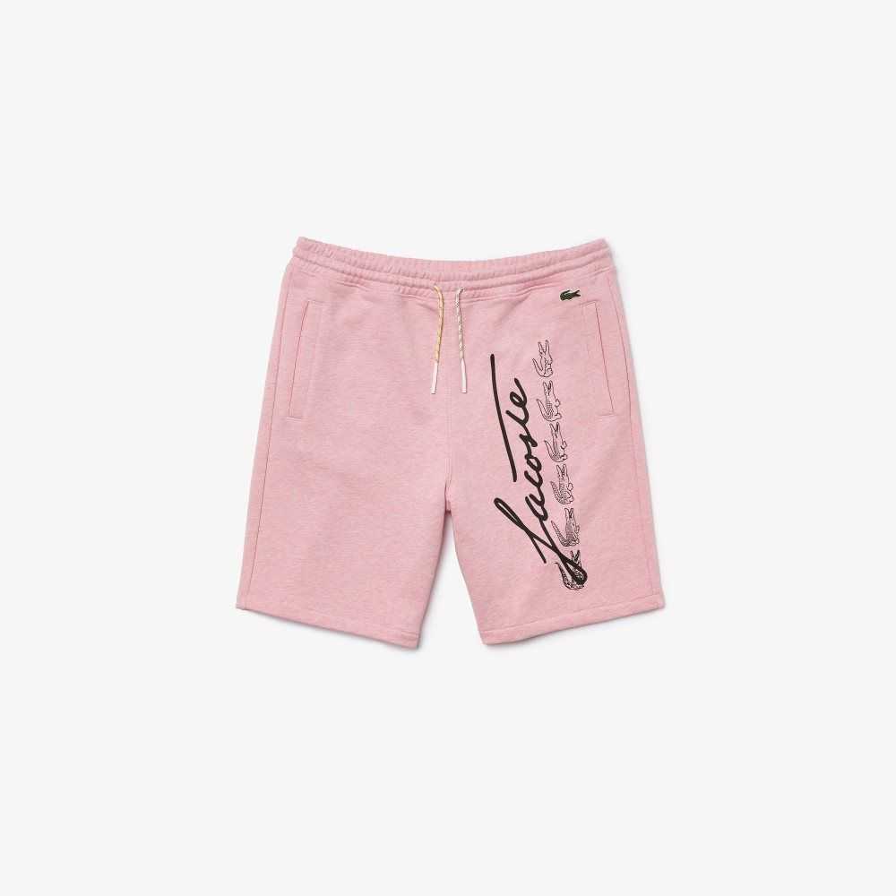 Lacoste Signature Print Cotton Fleece Shorts Pink | TDW-832416