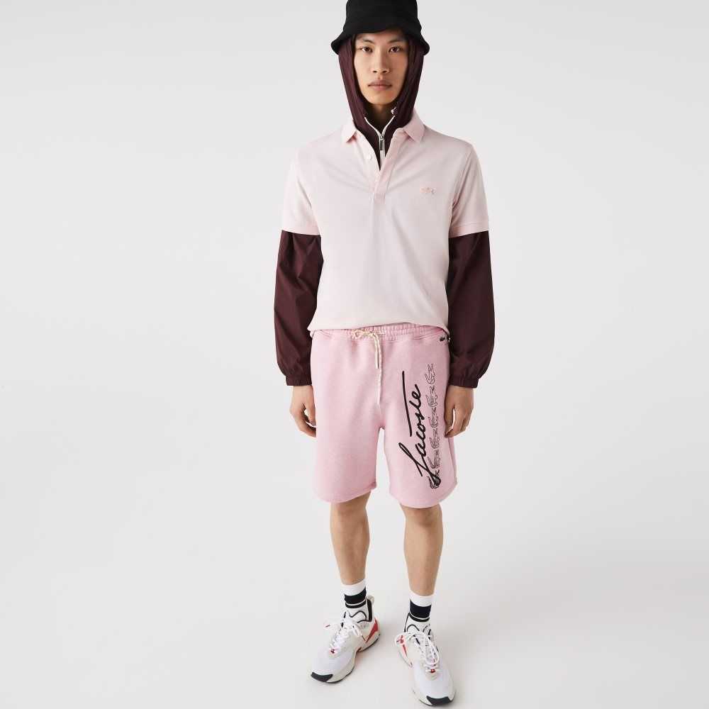 Lacoste Signature Print Cotton Fleece Shorts Pink | TDW-832416