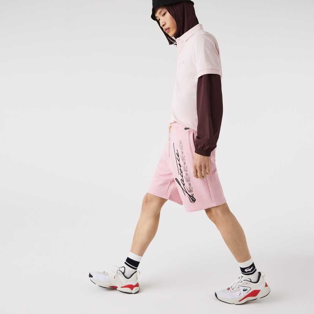 Lacoste Signature Print Cotton Fleece Shorts Pink | TDW-832416