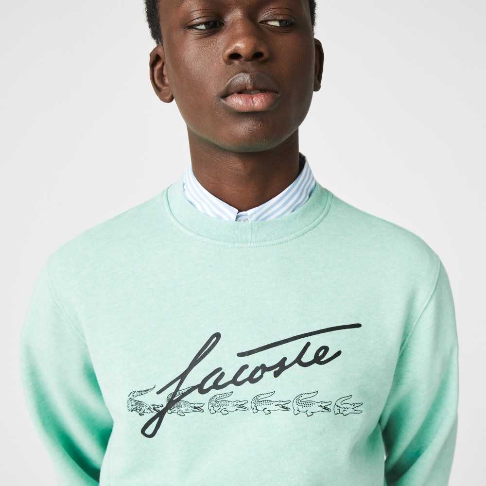 Lacoste Signature Print Crew Neck Cotton Fleece Sweatshirt Green | AJS-792851