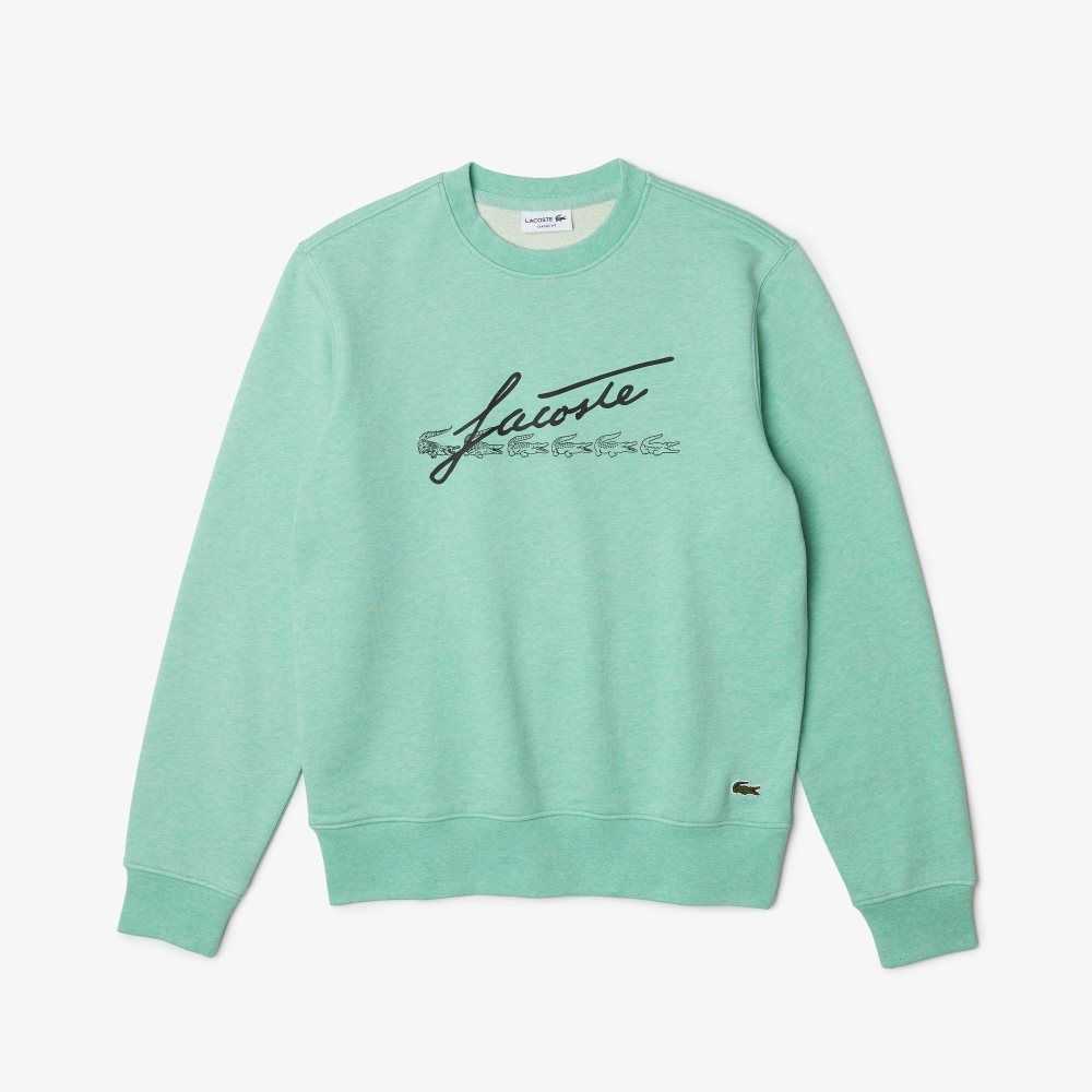 Lacoste Signature Print Crew Neck Cotton Fleece Sweatshirt Green | AJS-792851