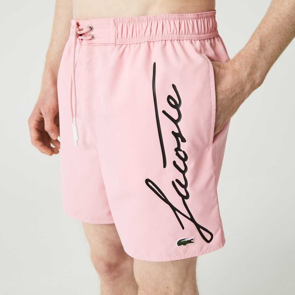 Lacoste Signature Print Light Swimming Trunks Pink | FLH-917843