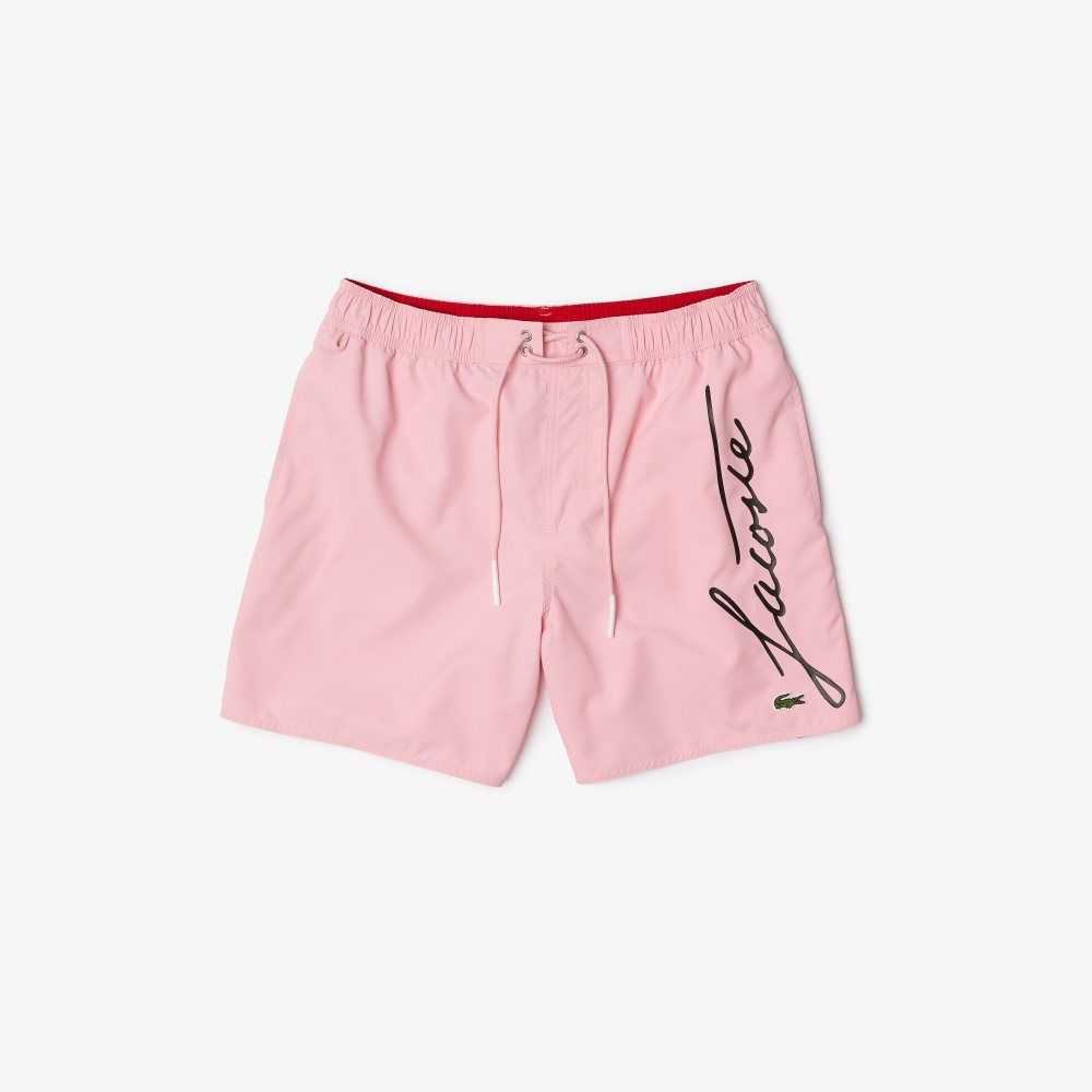 Lacoste Signature Print Light Swimming Trunks Pink | FLH-917843