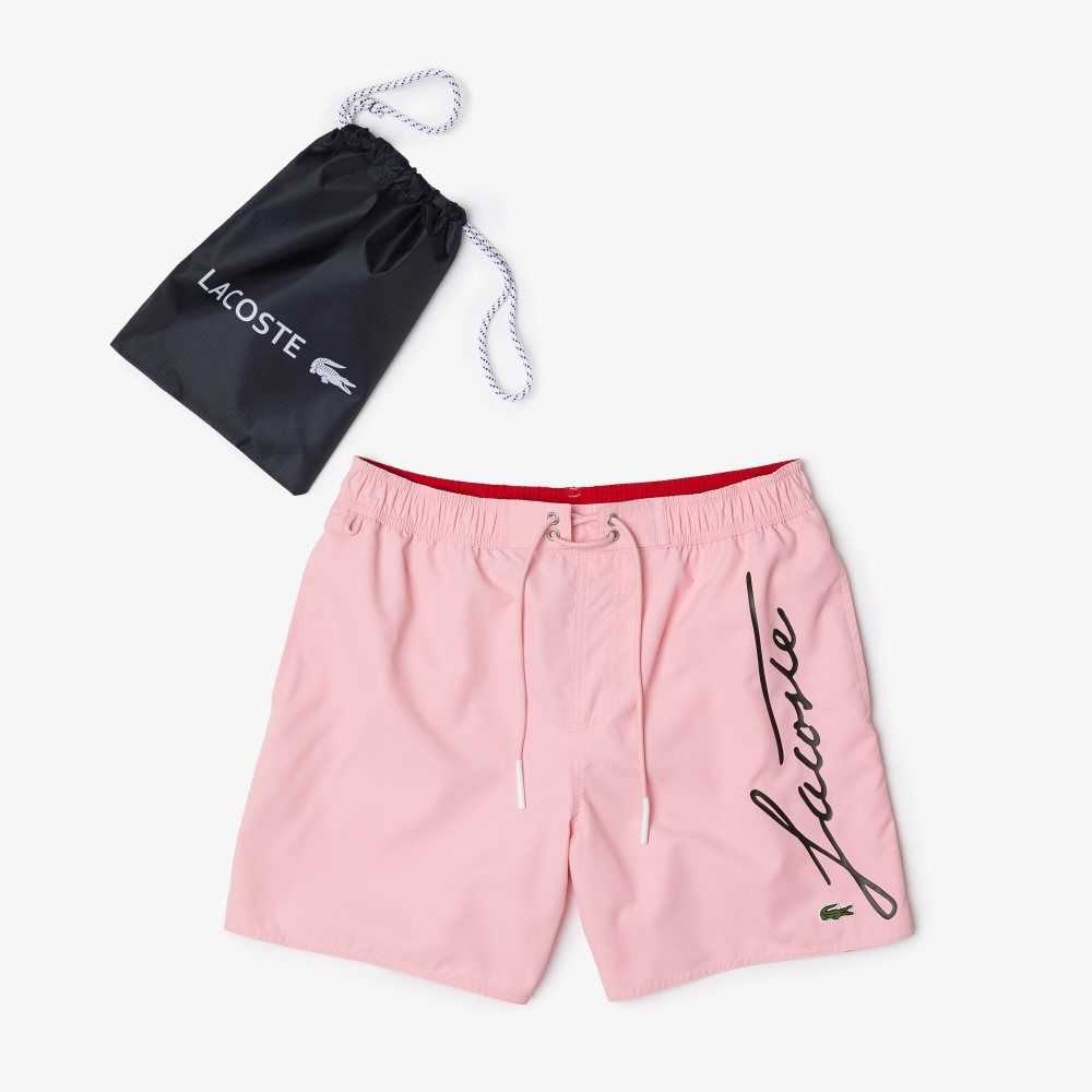 Lacoste Signature Print Light Swimming Trunks Pink | FLH-917843