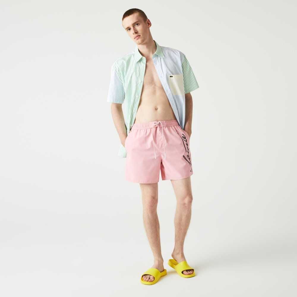 Lacoste Signature Print Light Swimming Trunks Pink | FLH-917843