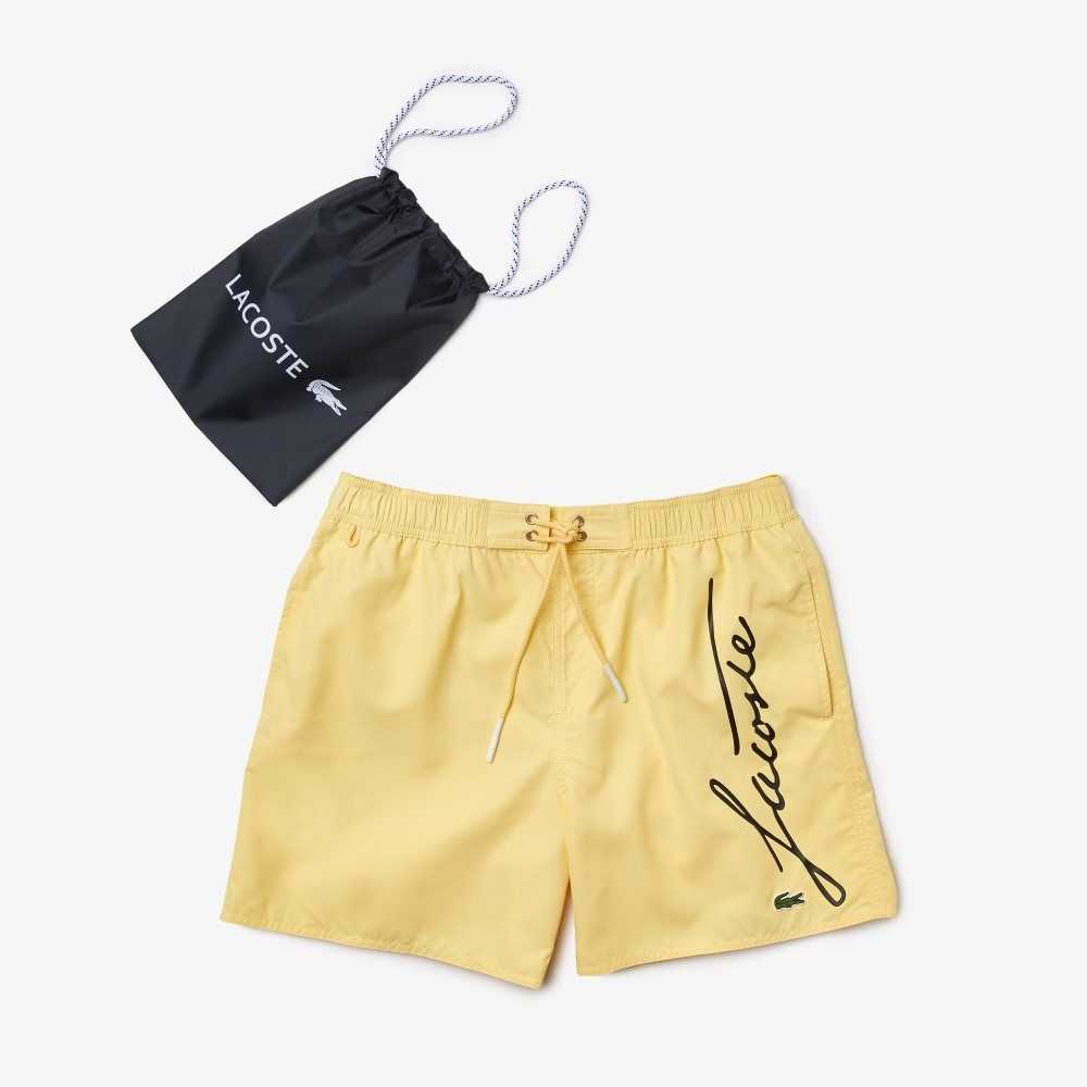 Lacoste Signature Print Light Swimming Trunks Yellow | MNR-420651