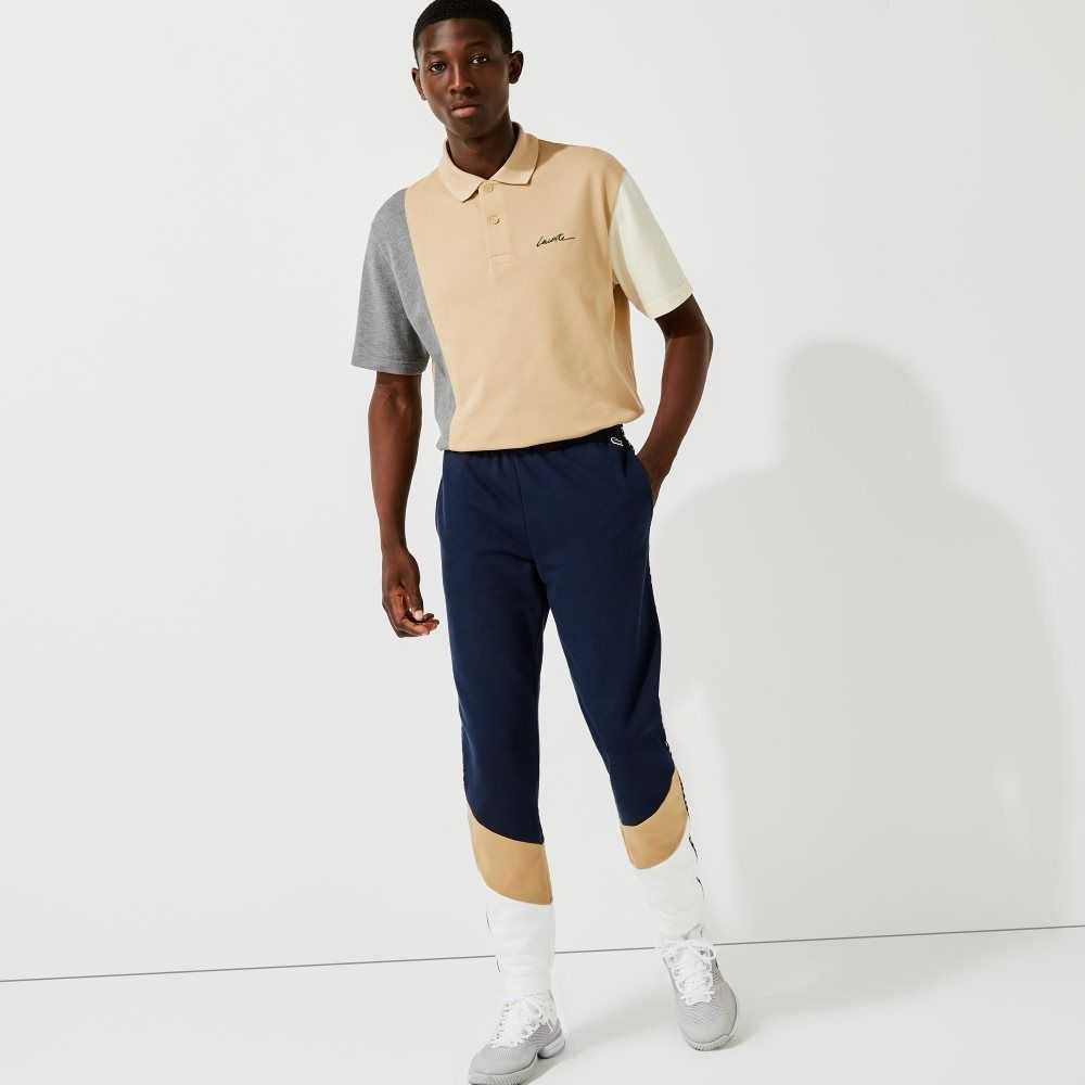 Lacoste Signature Striped Colorblock Fleece Jogging Pants Navy Blue / Beige / White | YCG-169543