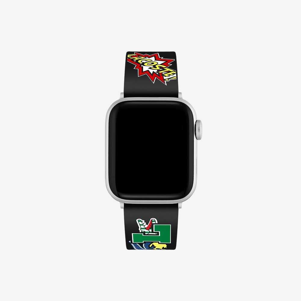 Lacoste Silicone Comic Print Apple Watch Strap Black | CVT-052189