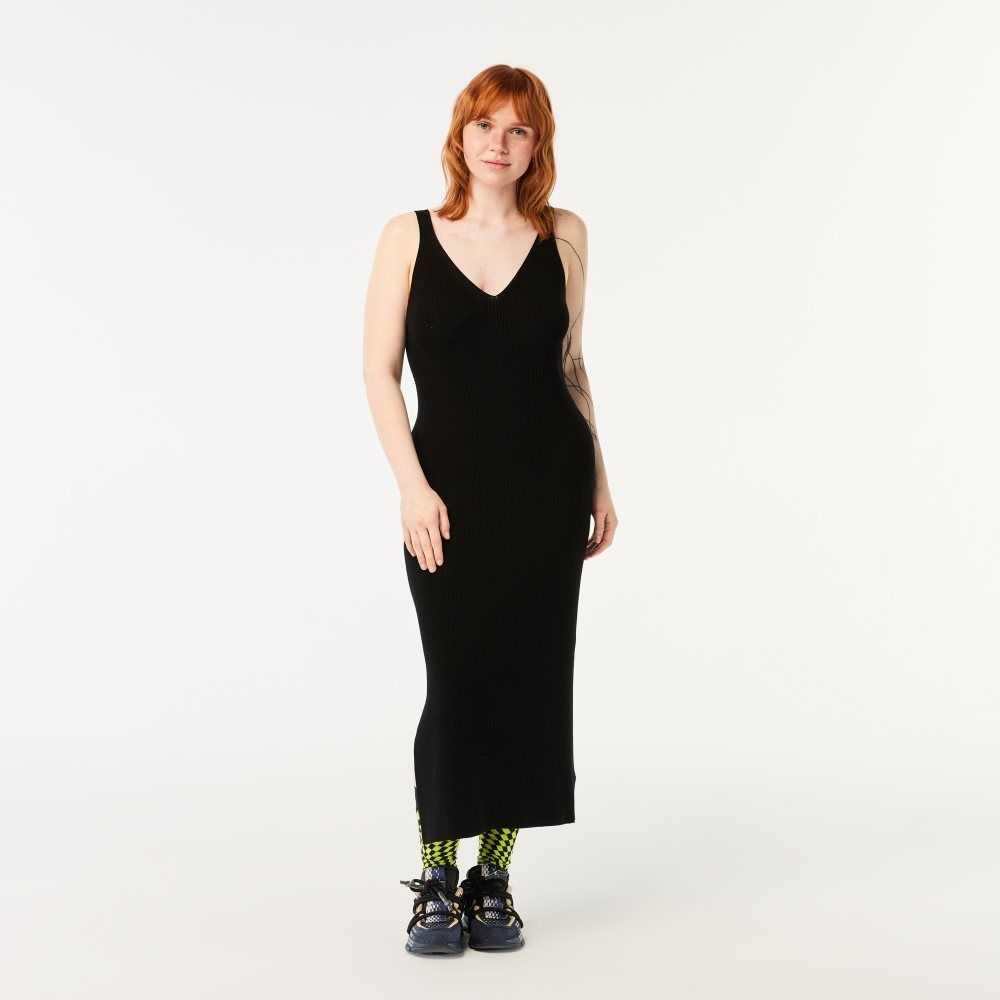 Lacoste Sleeveless Knit Midi Dress Black | SVU-538914