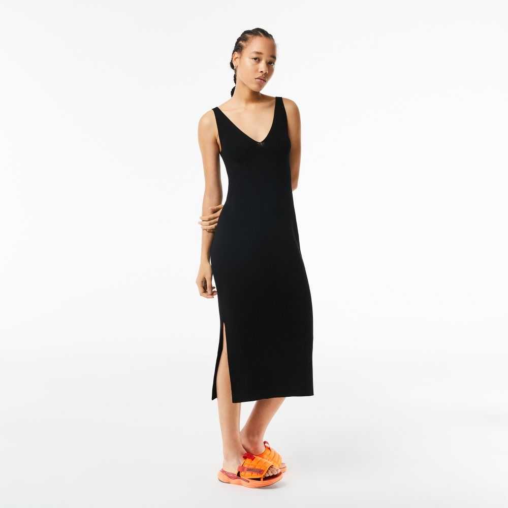 Lacoste Sleeveless Knit Midi Dress Black | SVU-538914