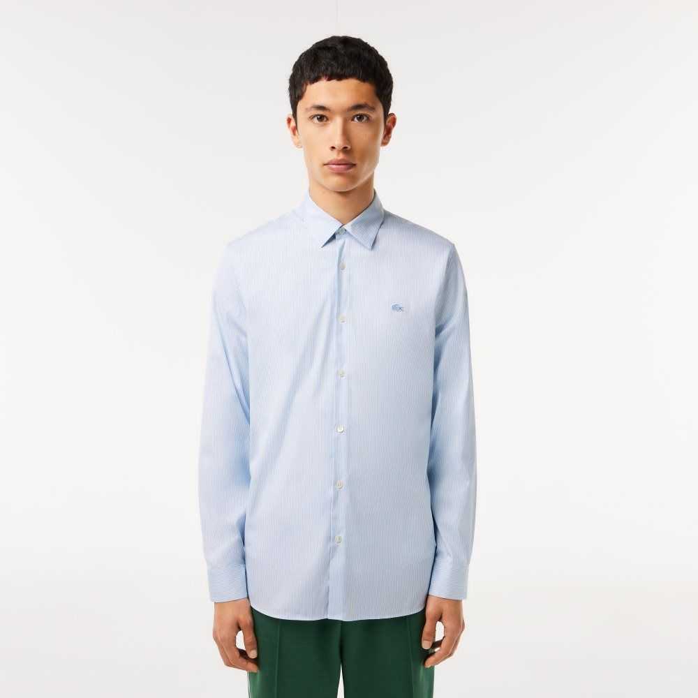 Lacoste Slim Fit Check Stretch Poplin Shirt White / Blue | TYX-748056