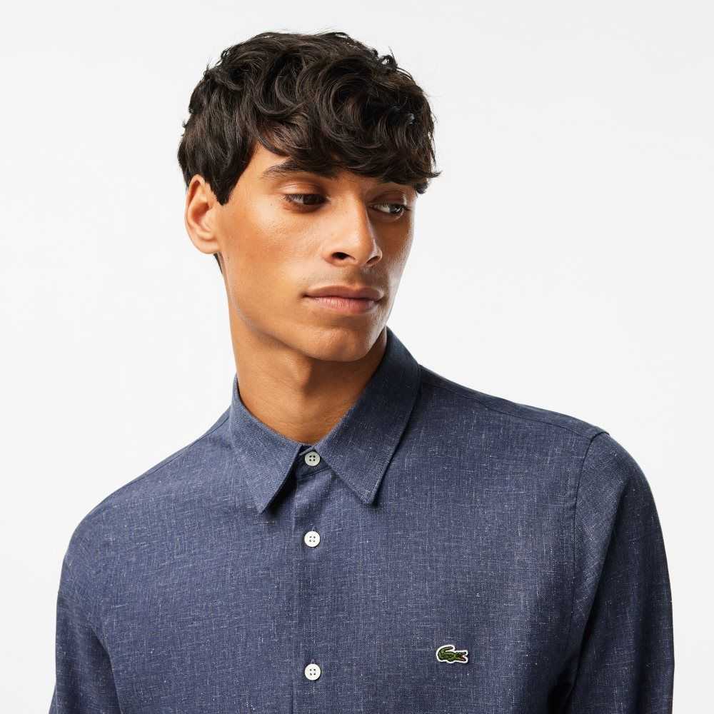 Lacoste Slim Fit Cotton Chambray Shirt Navy Blue / White | NPM-052716