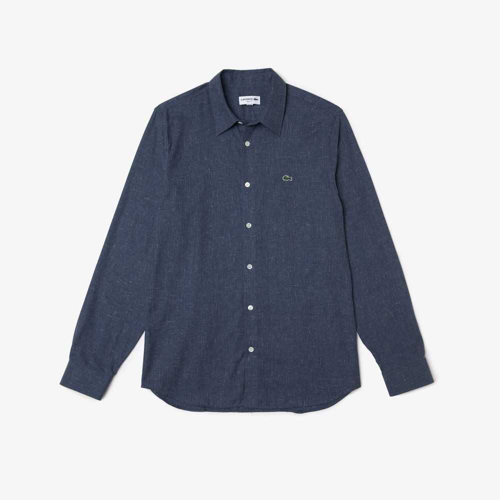 Lacoste Slim Fit Cotton Chambray Shirt Navy Blue / White | NPM-052716