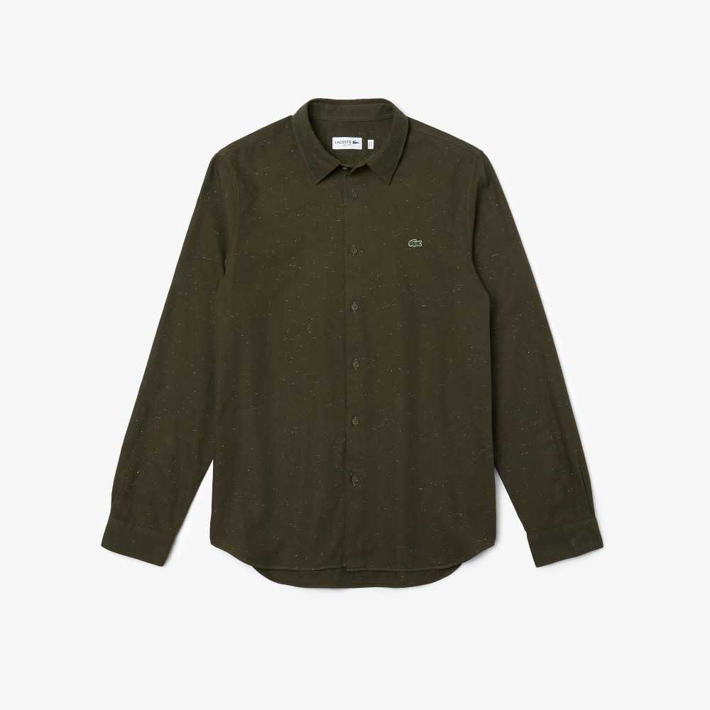 Lacoste Slim Fit Flamed Cotton Shirt Khaki Green / White | BRQ-140962