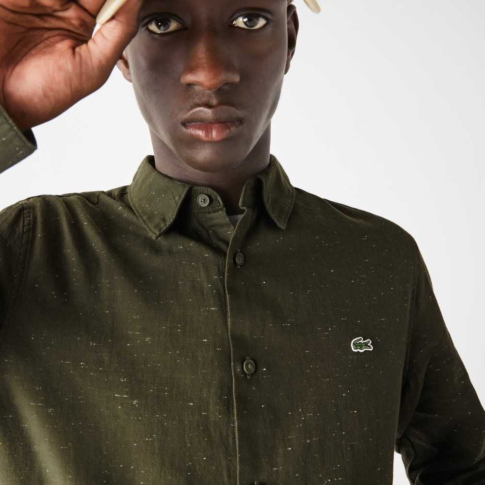 Lacoste Slim Fit Flamed Cotton Shirt Khaki Green / White | BRQ-140962