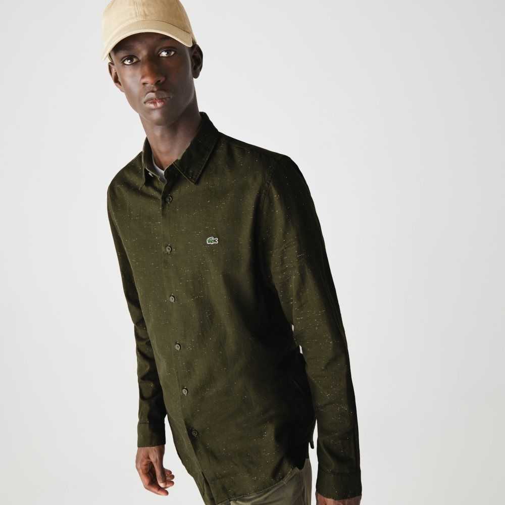 Lacoste Slim Fit Flamed Cotton Shirt Khaki Green / White | BRQ-140962