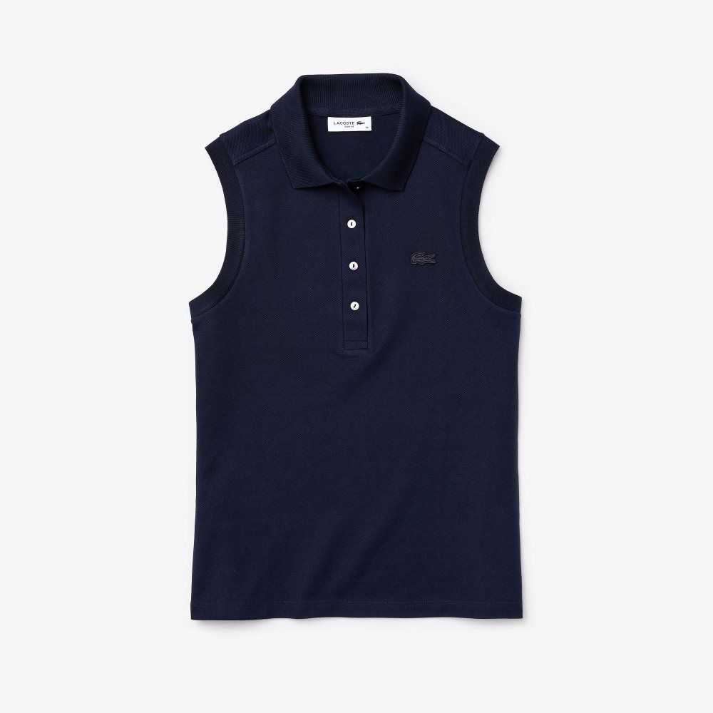 Lacoste Slim Fit Sleeveless Cotton Pique Polo Shirt Navy Blue | FCZ-529673