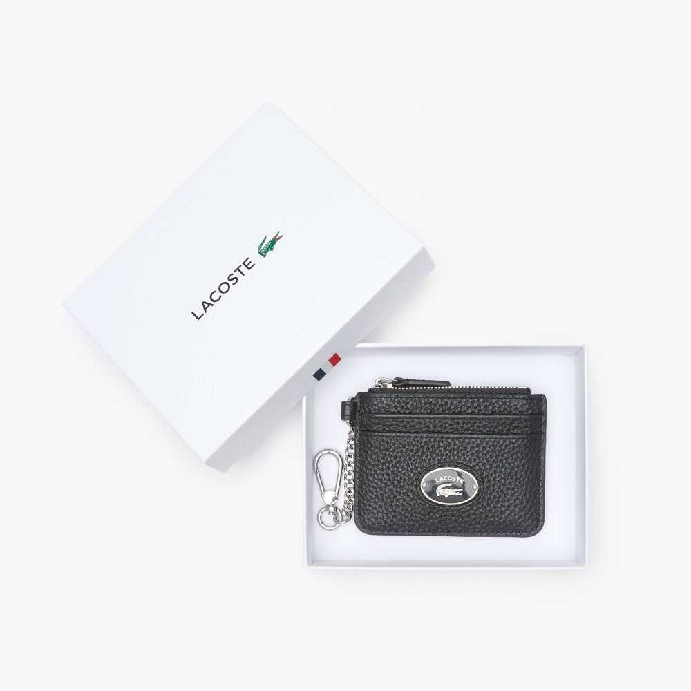 Lacoste Snap Hook Grained Leather Card Holder Black | RKL-859641