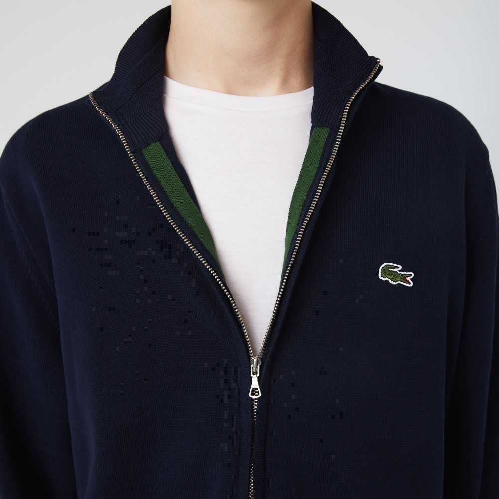 Lacoste Stand-Up Collar Organic Cotton Zippered Sweater Navy Blue | BKC-812957