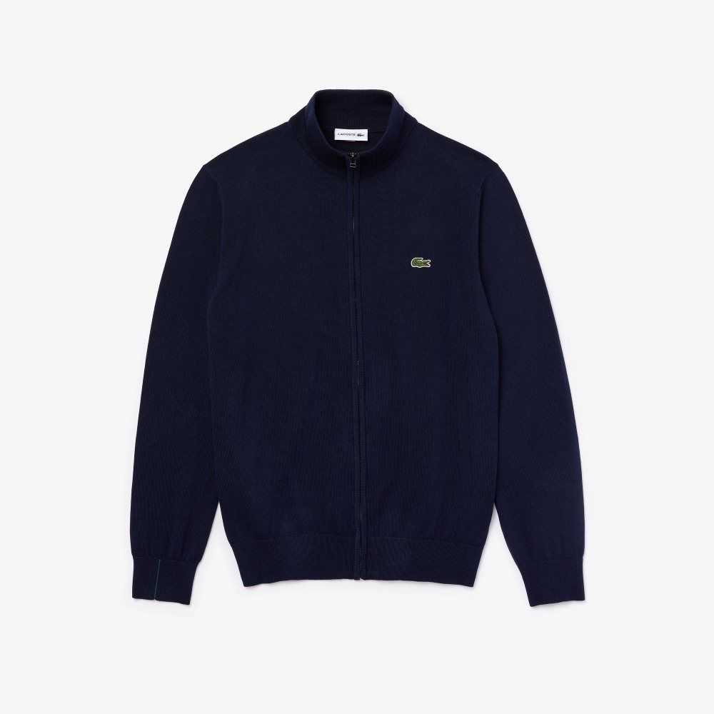 Lacoste Stand-Up Collar Organic Cotton Zippered Sweater Navy Blue | BKC-812957